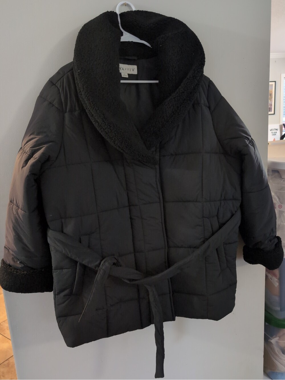 Women's Belted Faux Shearling Puffer Jacket - Ava & Viv 1X